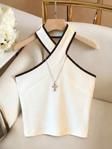 Franclia This Elegant And Versatile Black And White Color-Blocked Halter-Neck Vest Is Made Of High-Elastic Knit Ribbed Fabric. The Elegant Design Is Suitable For Winter, Summer, Spring, Easter, Romantic Dates, Beaches, Weddings, Birthdays, Outings, Casual Wear, Vacations, Graduation Season, And More. (Summer Tops, Summer Holiday Outfits, Women's Spring Outfits, Spring Break Outfits, Easter Clothing, Women's Easter Attire, Women's Easter Clothing, Women's Clothing, Elegant Women's Tops, Women's Vacation Outfits, Women's Casual White Tops, White Vests, Color-Blocked Vests, Back-To-School Vests)Graduation Season Attire, Fashionable Casual Commuter Wear, Business Office Wear, Versatile And Stylish Everyday Casual Wear, Urban Teacher's Professional Attire - Black and White - View 3