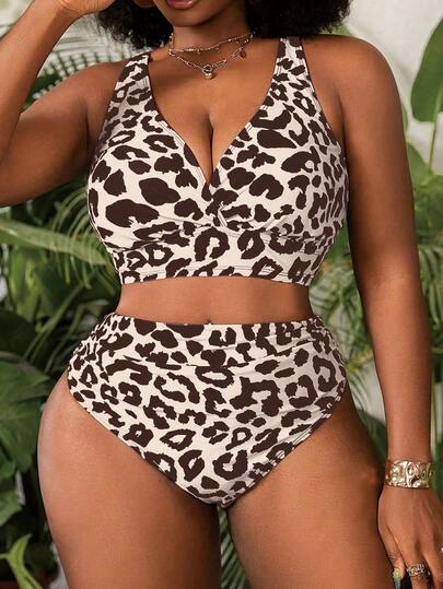 Slaydiva Plus Size Women 2pcs Leopard Print V-Neck High Waist Triangle Bikini Swimwear