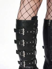 ROMWE Goth Botas altas de tacón grueso con puntera redonda de color rosa para mujer, botas de moda con cordones y elástico para otoño/invierno, zapatos Y2K para atuendos de fiesta - Negro - Ver 5