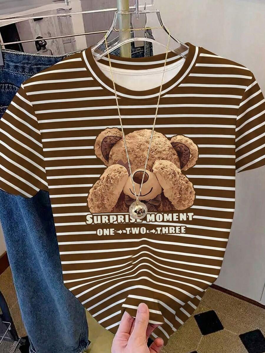 Resyla Áo thun nữ kẻ sọc in hình gấu, kiểu dáng thường ngày, thích hợp cho mùa hè. - Cà phê nâu - Xem 1