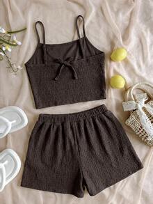 SHEIN Áo hai dây cổ chữ V màu mơ dệt kim cho bé gái tuổi teen, hở lưng, kết hợp với quần short cạp chun, trang phục đi học thường ngày cho bé gái tuổi teen, váy hè cho bé gái tuổi teen. - màu nâu - Xem 2