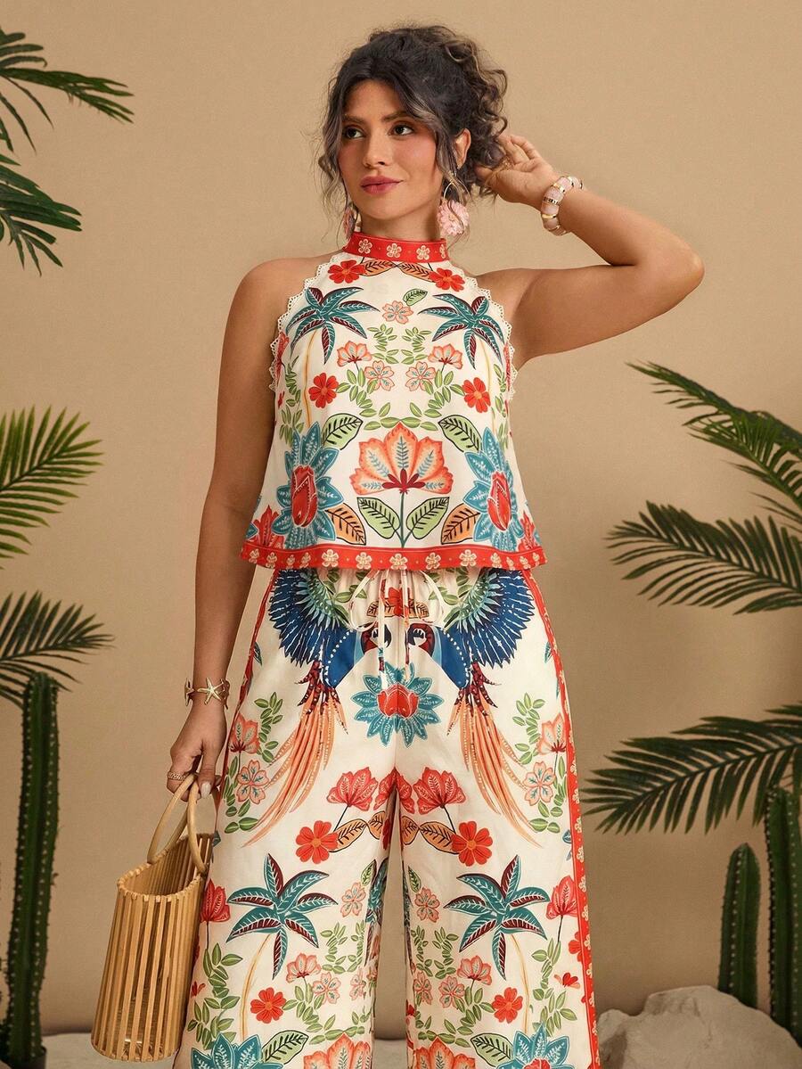 Travachic Plus Size Women Palm Tree Print Halter Top And Wide Leg Pants Casual 2 Pieces Set - Multicolor - View 1
