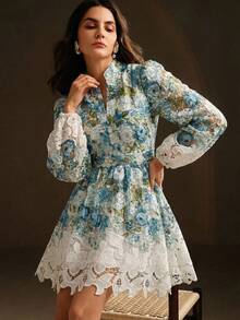 Anewsta Water-Soluble Embroidered Elegant Vacation Casual V-Neck Dress For Women Day Party White And Blue Floral Autumn - Blue - View 1