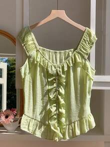 Comfortcana Cămașă casual cu volane în culori solide pentru femei, cu un singur nasture - Verde - Vizualizare 5