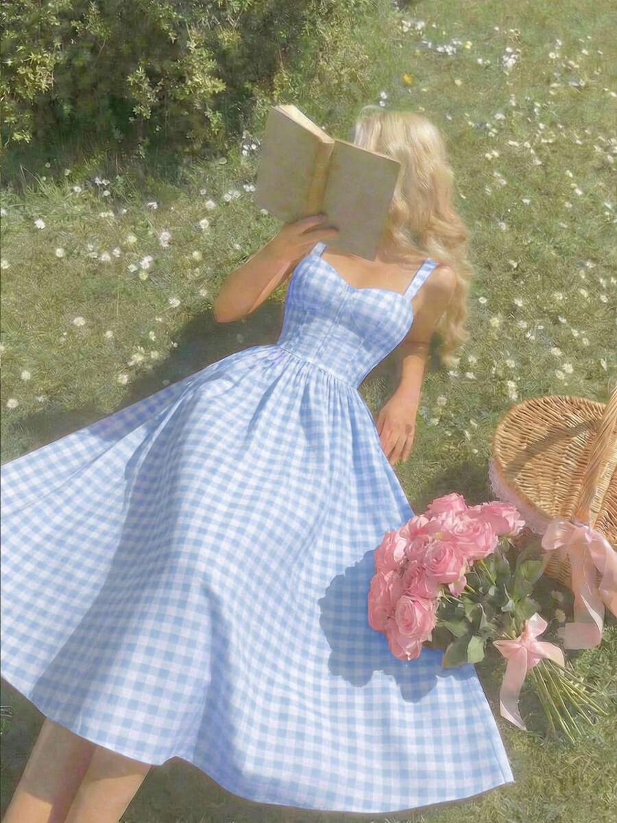 SHEIN MOD Đầm maxi dáng chữ A rộng, thắt lưng sau, họa tiết kẻ caro hồng trắng – Hoàn hảo cho kỳ nghỉ, hẹn hò, dã ngoại, tiệc tùng, dạ hội, lễ hội và sinh nhật; Phong cách cổ điển lãng mạn. - Màu xanh nhạt - Xem 1