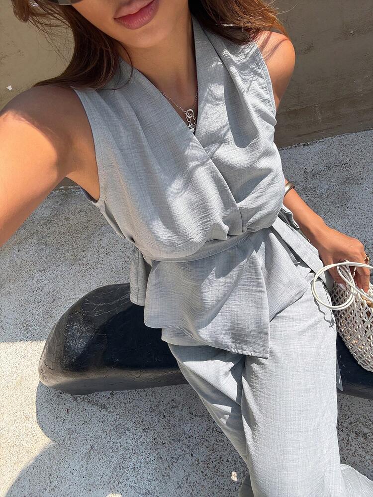 Spring & Summer Minimalist Vintage Style Outfit Women, Sleeveless Crop Top + Wide Leg Pants 2-Piece Set
