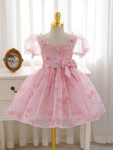 Glamorique Kids Đầm dự tiệc cho bé gái, màu hồng in hoa, tay áo cánh hoa và nơ trang trí phía sau, kiểu đầm công chúa. - Hồng - Xem 3