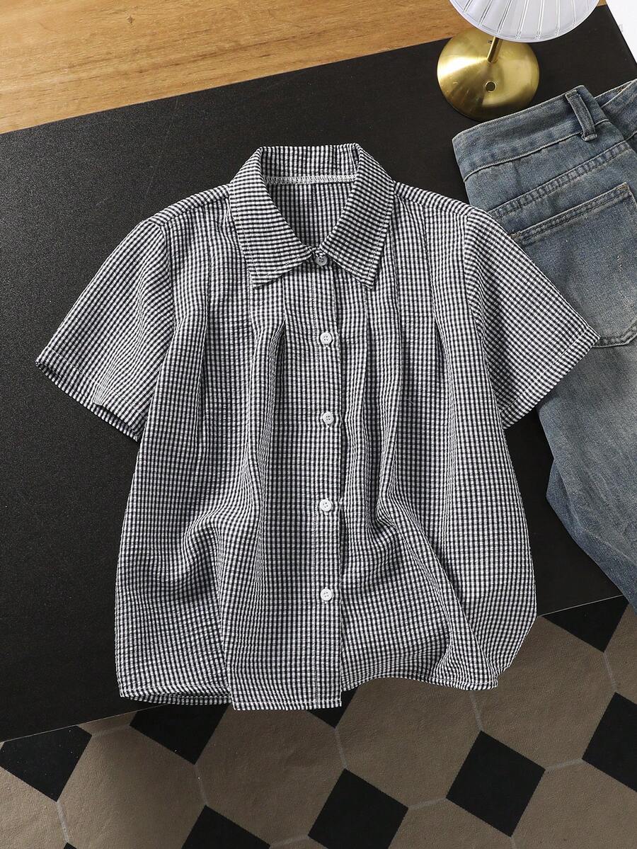 Sparklyn 1 chiếc áo sơ mi kẻ caro thường ngày đa năng dành cho bé gái - màu đen - Xem 1
