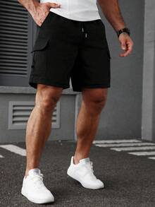 Manfinity Homme 加大码男士纯色斜插口袋休闲度假短裤 - 黑色 - 查看 4