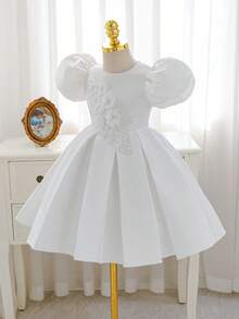 SHEIN Glamorique Kids 小女孩公主缎面连衣裙，白色，泡泡袖，花边装饰，生日派对，婚礼节日正式场合礼服，可爱 - 白色 - 查看 7