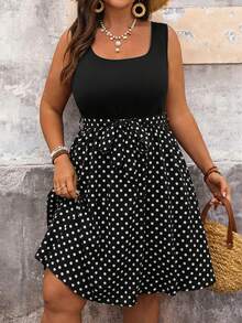 SHEIN VCAY 母亲节加大码女式休闲度假黑白波点拼接连衣裙，夏季女装，乡村风女装，锐舞派对夏季女装，沙滩裙，波西米亚风 - 黑色 - 查看 1