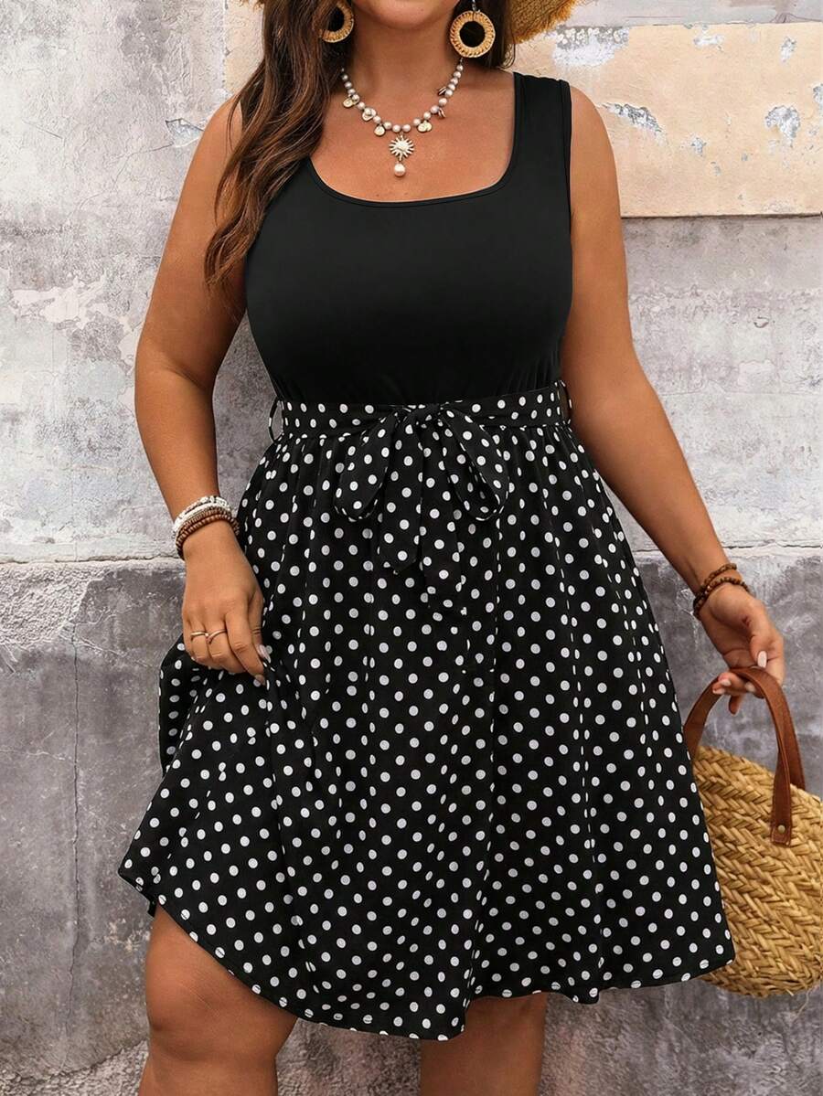 SHEIN VCAY 母亲节加大码女式休闲度假黑白波点拼接连衣裙，夏季女装，乡村风女装，锐舞派对夏季女装，沙滩裙，波西米亚风 - 黑色 - 查看 1
