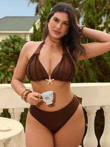 Swim Chiccia Bộ bikini cỡ lớn 2026 mới mùa xuân/hè, màu nâu, dây đeo rộng, họa tiết dây bện hình ngôi sao và quần bơi xếp ly, kiểu dáng thanh lịch. - Cà phê nâu - Xem 6