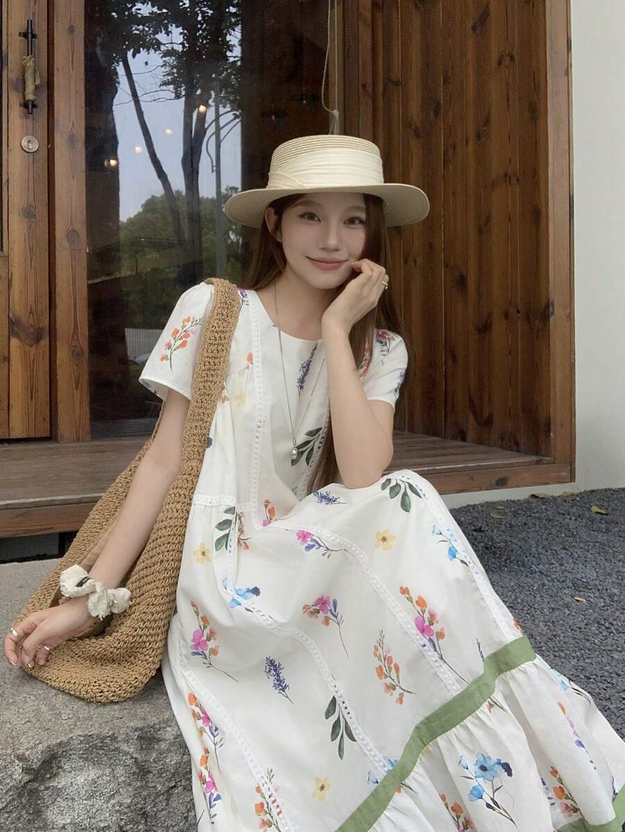 DAZY Đầm nữ cổ tròn kiểu Hàn Quốc in họa tiết toàn thân, dáng rộng, dài ngang gối, thích hợp cho mùa xuân/hè. - trắng - Xem 1