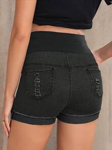 SHEIN Maternity Casual Washed Distressed Skinny Denim Shorts - Black - View 2