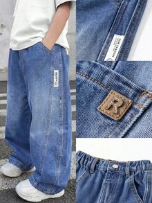 Pantalones vaqueros rectos de mezclilla azul lavada para niños pequeños - Azul - Ver 3
