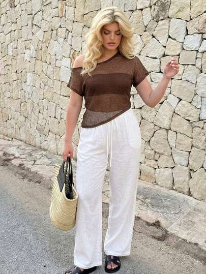 Dripcurv Women's Plus Size Brown Sheer Top For Summer, Perfect For Beach Wear, Casual Vacation Style, Asymmetrical Mesh Fabric, Summer Outfit.