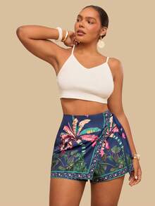 Travachic Quần short đi biển phong cách Bohemian cỡ lớn, thoải mái, có dây buộc và viền bèo nhún dành cho nữ. - Màu xanh lam - Xem 6