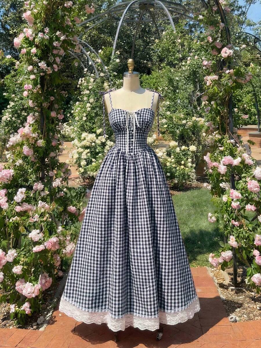SHEIN MOD 红白格子浪漫可爱乡村风中长连衣裙 - 藏蓝色 - 查看 1