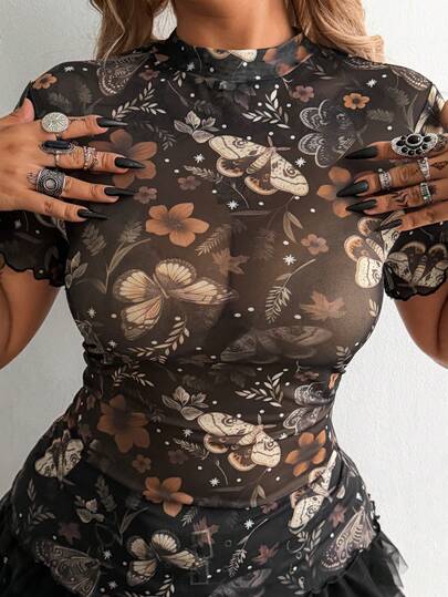 Whyspr 大码网纱透视印花优雅复古朋克哥特颓废休闲酷炫打底裤上衣女款