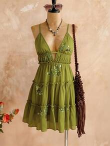 SHEIN Holidaya Women's Deep V Floral Sequin Embroidery Ruffle Backless Tie Strap Casual Vacation Dress For Spring/Summer - Green - View 5