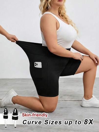 SHEIN CURVE+ Plus Size Women's High Waist Basic Daily Casual Sports Cool Feeling Black Fabric Short Cycling Pants Leggings