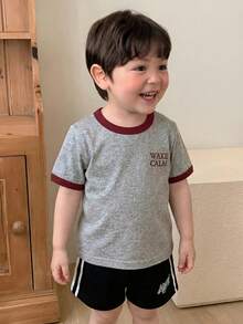 DAZY Toddler Boys' Round Neck Contrast Color Letter Print Short Sleeve Top, Summer - Grey - View 3