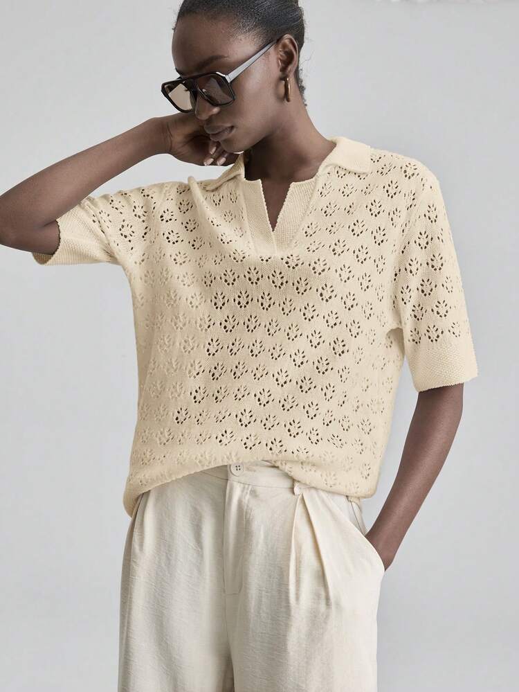 Versatile Hollow Out Collar Knit Short Sleeve Top