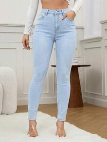SHEIN SXY Casual Washed Slim Fit Denim Jeans - Light Wash - View 8
