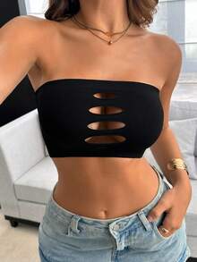 纯色镂空前筒形胸罩无肩带胸罩黑色抹胸抹胸上衣女式无肩带上衣抹胸上衣无肩带上衣 - 黑色 - 查看 4