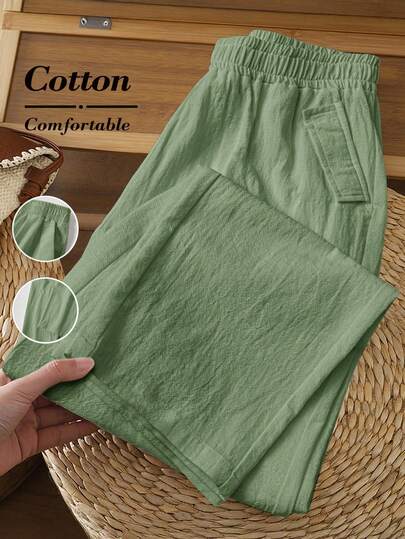 Rusticease Pantalones casuales sueltos de pierna ancha con cintura elástica de unicolor para mujer