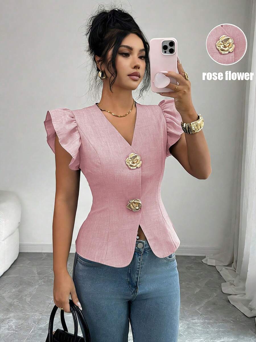 SHEIN Elenzya 女款優雅V領金屬扣飾裝飾、收腰設計與荷葉袖、精緻女士襯衫 - 粉色 - 查看 1