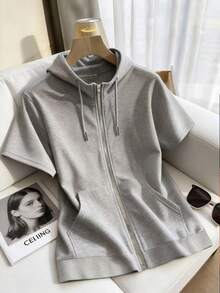 Franclia Women's Solid Color Short Sleeve Zip Front Drawstring Sweatshirt - Grey - View 6