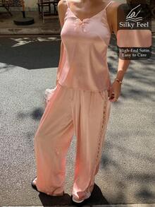 DAZY 女士优雅缎面蕾丝吊带背心和睡裤套装，夏季 - 粉色 - 查看 1