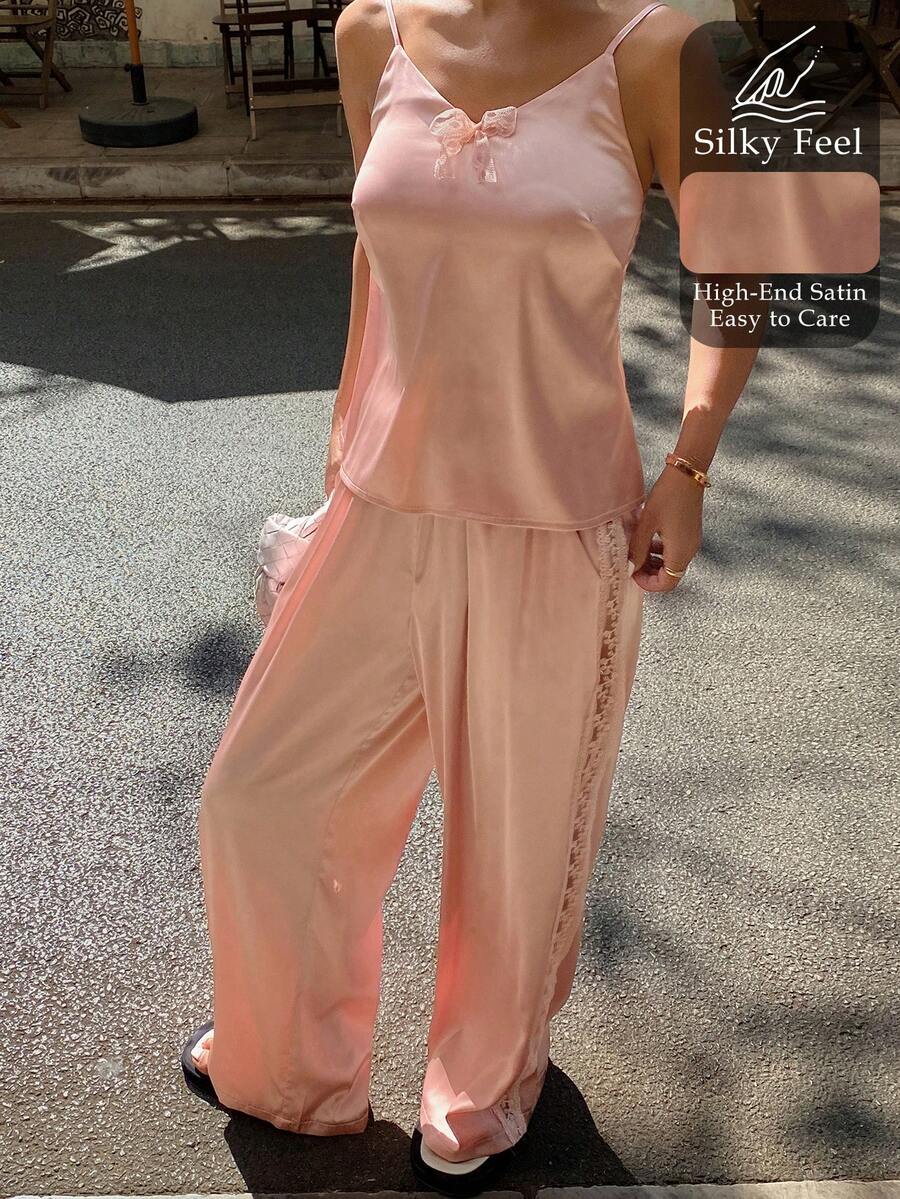 DAZY 女士优雅缎面蕾丝吊带背心和睡裤套装，夏季 - 粉色 - 查看 1