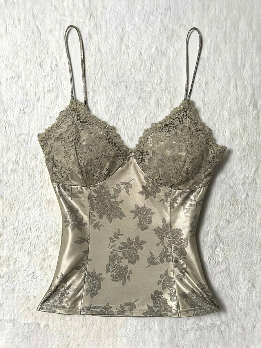 Franclia 女士优雅撞色蕾丝印花吊带衫 - 卡其色 - 查看 1