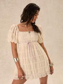 Easelle Apricot Woven Chiffon Mini Dress For Women - Apricot - View 3