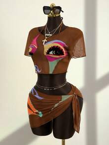 2026新款复古人脸印花性感网纱四件套比基尼 - 彩色 - 查看 5