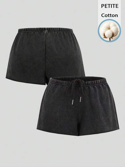 SHEIN PETITE Quần short thể thao nữ dáng nhỏ nhắn, tối giản, màu đen, chất liệu cotton nỉ, có dây rút, thích hợp cho mùa xuân/hè.