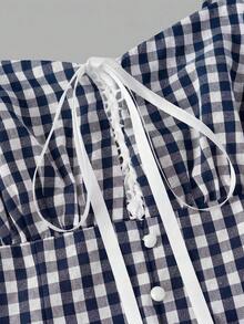 SHEIN MOD 红白格子浪漫可爱乡村风中长连衣裙 - 藏蓝色 - 查看 7