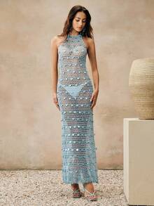 Anewsta Women's Blue Crochet Sequin Dress, High-End Beach Vacation Cover-Up - Blue - View 5