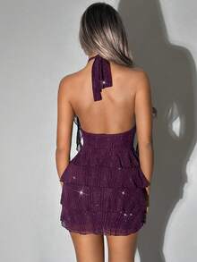 SHEIN ICON Vestido mini de fiesta de cita de moda con cuello de volantes de unicolor para mujer - Morado - Ver 2