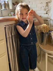 Dazy Kids Young Girls Washed Dark Color Sleeveless Vest With Loose Wide-Leg Denim Pants Set - Dark Wash - View 3
