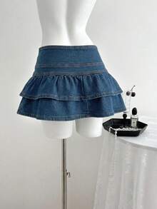 SHEIN PETITE Women's Ruffled Hem Denim Mini Skirt - Medium Wash - View 2