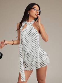 SHEIN PETITE Women's White Polka Dot Black And White Mesh Holiday Mini Dress Suitable For Summer,Boho Clothes Women - White - View 7