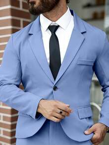 Manfinity Mode Men Plus Size Solid Color Lapel Collar Slim Fit Business Formal Suit Blazer And Pants Set, Ceremony - Blue - View 4