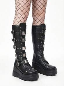 ROMWE Goth Botas altas de tacón grueso con puntera redonda de color rosa para mujer, botas de moda con cordones y elástico para otoño/invierno, zapatos Y2K para atuendos de fiesta - Negro - Ver 4