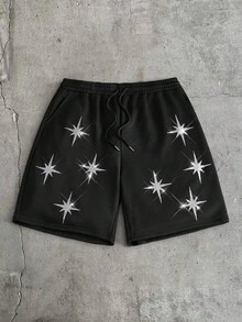 AXEPEAK 男士星形印花圆领短袖T恤和抽绳腰宽松短裤套装 - 黑色 - 查看 5