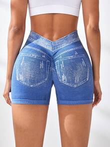 Velisys 2 pièces/set Shorts de sport noirs et bleus, shorts de yoga, de fitness et d'entraînement en tricot sans couture avec effet jean bleu et taille en V - Multicolore - Voir 5