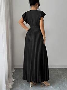 Elenzga 新款V领荷叶袖梭织纯色金属装饰纽扣褶裥设计优雅年轻派对假日晚宴鸡尾酒会女士长裙 - 黑色 - 查看 2